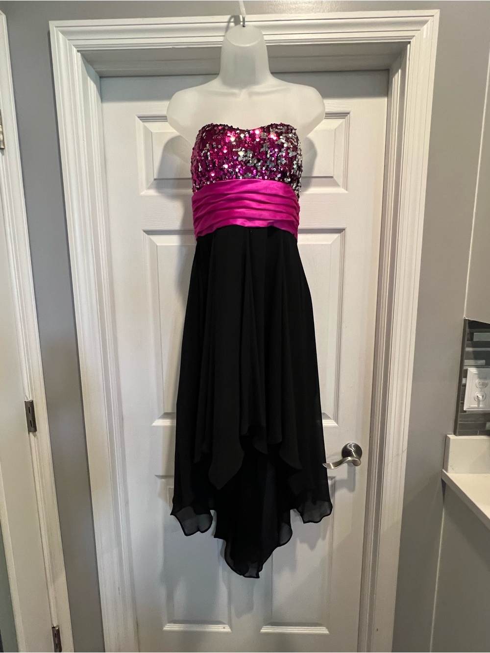 Masquerade Black & Hot Pink Strapless Sequin Prom Dress